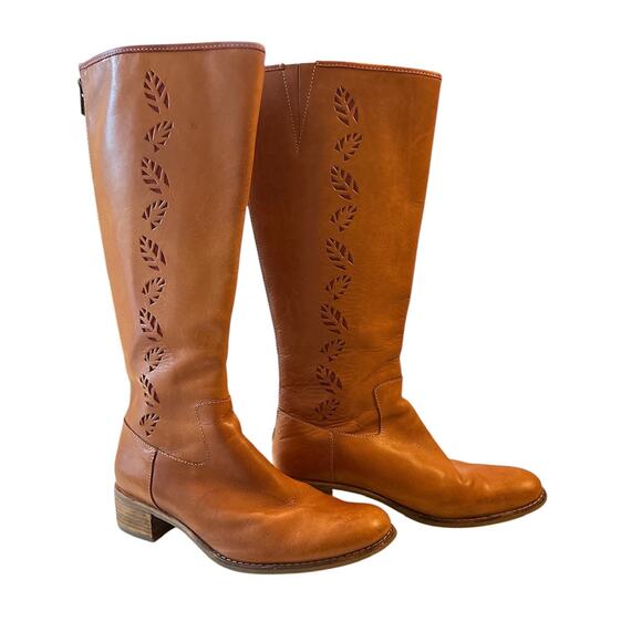 Vintage Timberland Women’s Size 7.5 Tan Leather Leaf Cutout Knee High Boots - Picture 3 of 8
